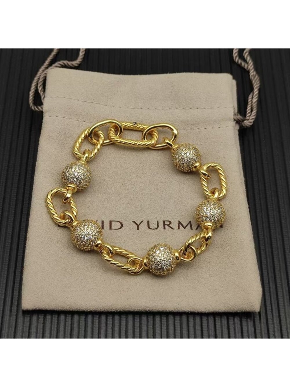 David Yurman Golden Madison Round Diamond Beaded Bracelet